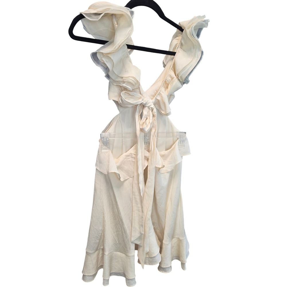 Rosevelvet Women Cream Ruffle Cutout Mini Dress Open Back V-Neck Ivory Size M - Picture 3 of 6